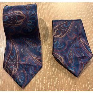 Paisley Print Blue Purple Silk Camden Court Neck Tie Pocket Square Set Formal